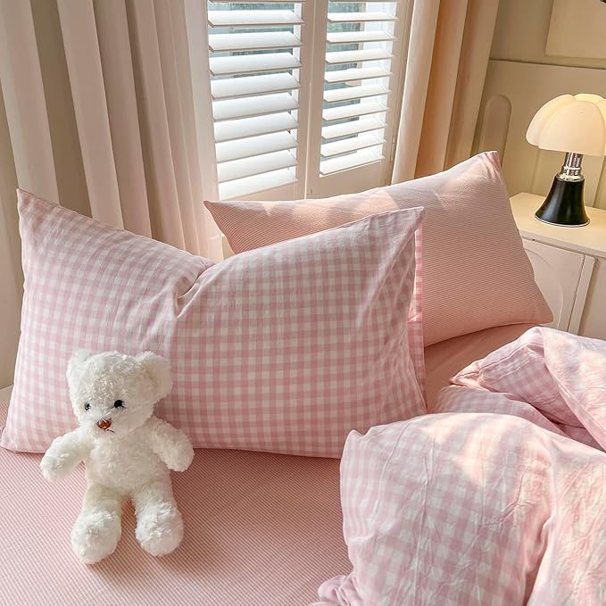 mixinni Light Pink Gingham Duvet Cover Set King Size - 100% Washed Cotton 3 Piece Plaid Checkered Bedding Set, Soft Comfy Grid Farmhouse Comforter Cover with Zipper Closure & Corner Ties