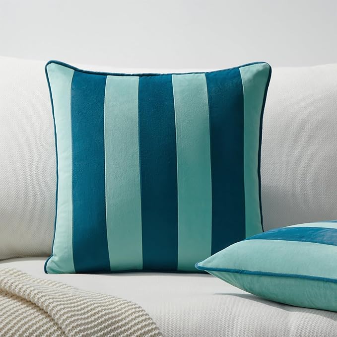 MONDAY MOOSE Decorative Throw Pillow Covers Cushion Cases, Set of 2 Soft Velvet Striped Piping Edge Designs, Pillow Inserts Not Included (16x16 inch, Blue/Light Blue)