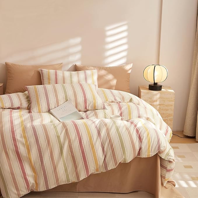 mixinni Vintage Striped Duvet Cover Set Twin, 3-Piece Washed Cotton Bedding Set - Soft, Breathable & Colorful Marble Stripe Pattern, All-Season Comforter Cover with Zipper-Twin Size