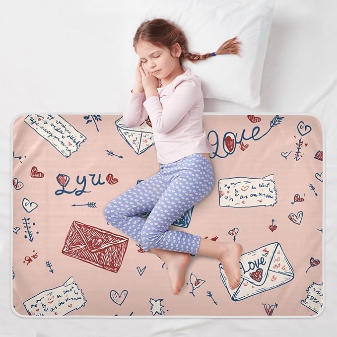 Waterproof Bed Pad Reusable Changing Pad Toddler Mattress Protector Large Pee Pad Baby Diaper Pad Soft Washable Liner Valentine Hearts Love Letter Pink
