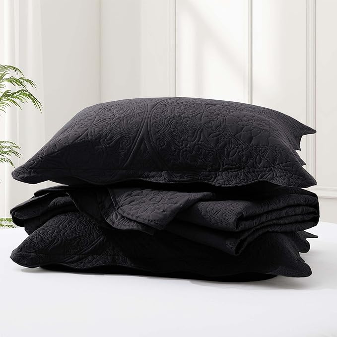 IR Imperial Rooms 8 Pack Quilt King Size Bedding (106" x 96") - Bulk Wholesale for Hotels, Guest Bedroom & Airbnbs - Lightweight Microfiber Reversible Floral Embossed Quilts Bedspreads (Black)