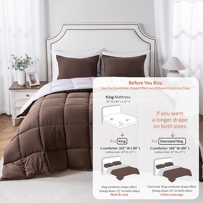 KASENTEX King Comforter Set – Reversible Dual Color – Goose Down Alternative – Ultra-Soft, Lightweight, Machine Washable, Maintain Fluffiness, All Season Warmth (Silver Cloud/Chocolate Brown)
