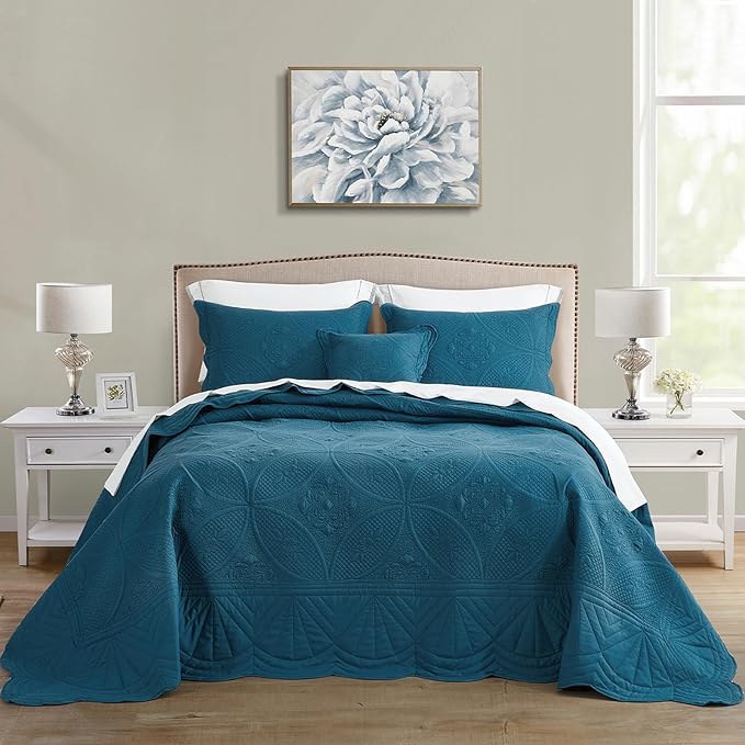 Oversized Bedspread - Queen Size Bedding Cover - Modern & Contemporary Coverlet Set, Real Stitching, Reversible, Lightweight, 4 Piece, Blue