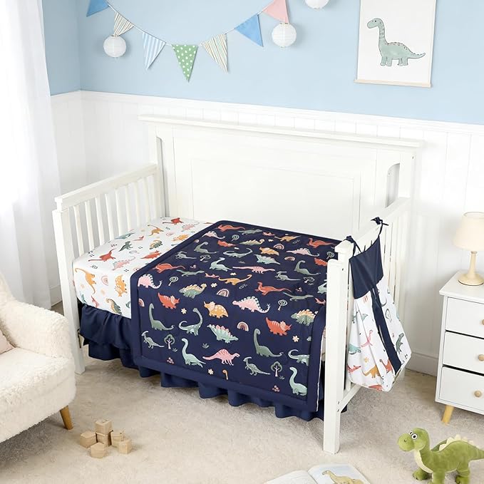 Crib Bedding Set for Boys, Baby Crib Bedding Set 4 Piece, Baby Boy Nursery Bedding Set Including Comforter, Fitted Crib Sheet, Crib Skirt, Diaper Stacker, Blue Dinosaur | Cute Pattern, 4 Piece