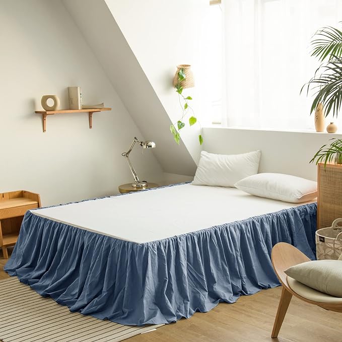 BISELINA French Linen Bed Skirt with Pleated Frills 14-Inch Tailored Drop Natural Flax Cotton Blend Dust Ruffle Soft Cozy Farmhouse Bedding (14" Full, Navy Blue)