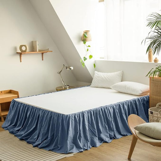 BISELINA French Linen Bed Skirt with Pleated Frills 14-Inch Tailored Drop Natural Flax Cotton Blend Dust Ruffle Soft Cozy Farmhouse Bedding (14" Full, Navy Blue)