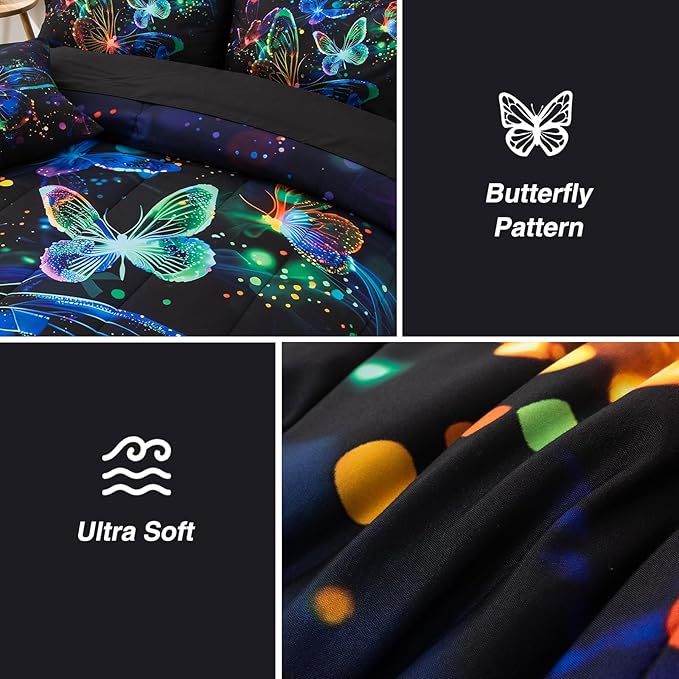 A Nice Night Galaxy Bedding Sets,3D Butterfly Flying in Space Printed,Like Glitter Butterflies 6pcs Bed in a Bag Queen Comforter Set, for Girls Boys Kids Teens