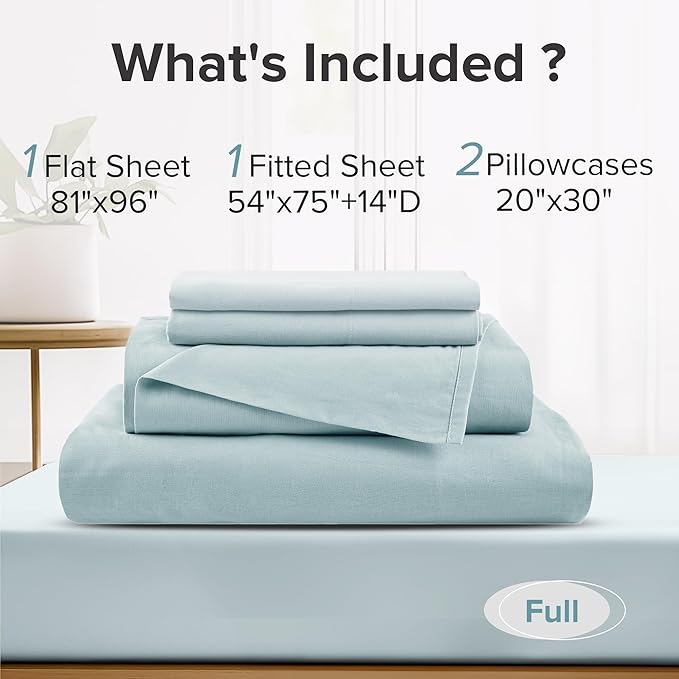 Comfort Spaces 100% Cotton Sheets Full, Breathable, Ultra Soft Cotton Sheets, Naturally Cool Cotton Bed Sheets with 14" Elastic Pocket Fits up to 16" Mattress, All Season Sheet Set, Light Blue 4 Piece