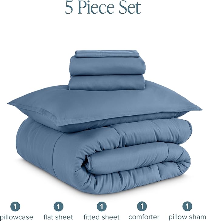 Bare Home Bed-in-A-Bag 5 Piece Comforter & Sheet Set - Twin XL - Goose Down Alternative - Ultra-Soft 1800 Premium Bed Set (Twin XL, Coronet Blue/Coronet Blue)