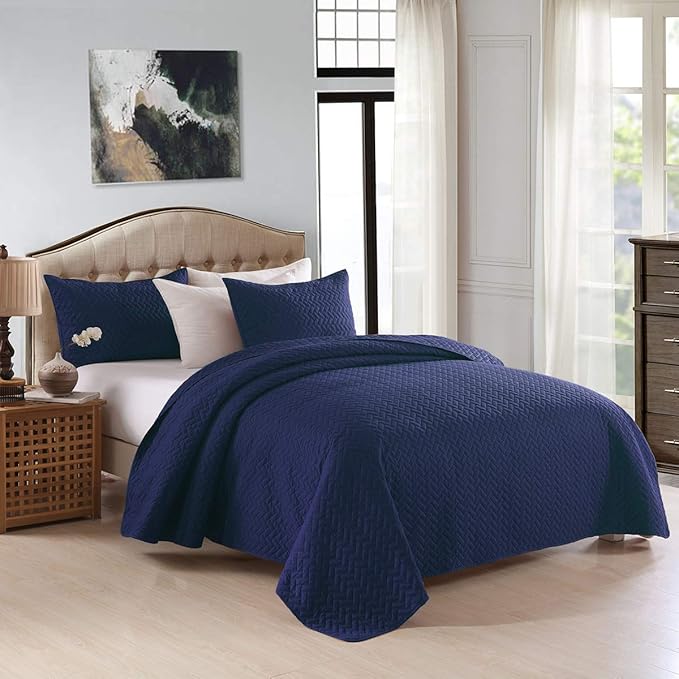 JML Quilts Set, Bedspread Coverlet Set with Pillowcases - 3 Piece Soft and Lightweight Bed Quilt for Spring, Autumn and Summer (Embossed Weave - Royal Blue, King(92"x104"))