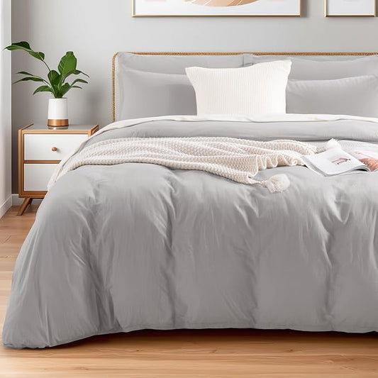 NEXHOME PRO Duvet Cover Set King Size Linen Feel Textured Organic Natural 100% Washed Cotton Duvet Cover 3 Pieces Bedding Set with Zipper Closure, Breathable, Soft, Light Grey (No Comforter)