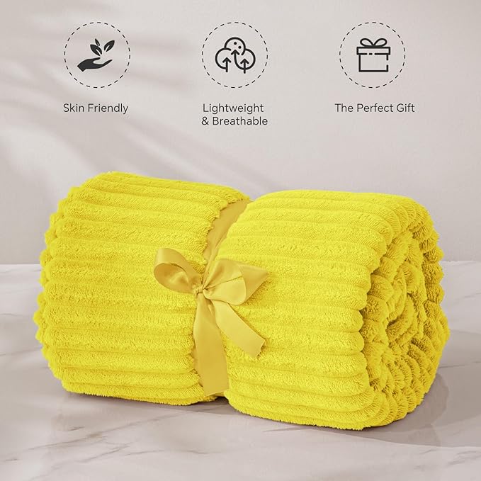 BEDELITE Fleece Throw Blanket for Couch – 3D Ribbed Jacquard Soft and Warm Decorative Fuzzy Blanket – Cozy, Fluffy, Plush Lightweight Yellow Throw Blankets for Bed, Sofa, 50x60 inches