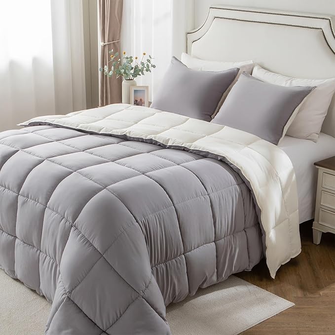 KASENTEX Queen Comforter Set – Reversible Dual Color – Goose Down Alternative – Ultra-Soft, Lightweight, Machine Washable, Maintain Fluffiness, All Season Warmth (Gull/Jet Stream)