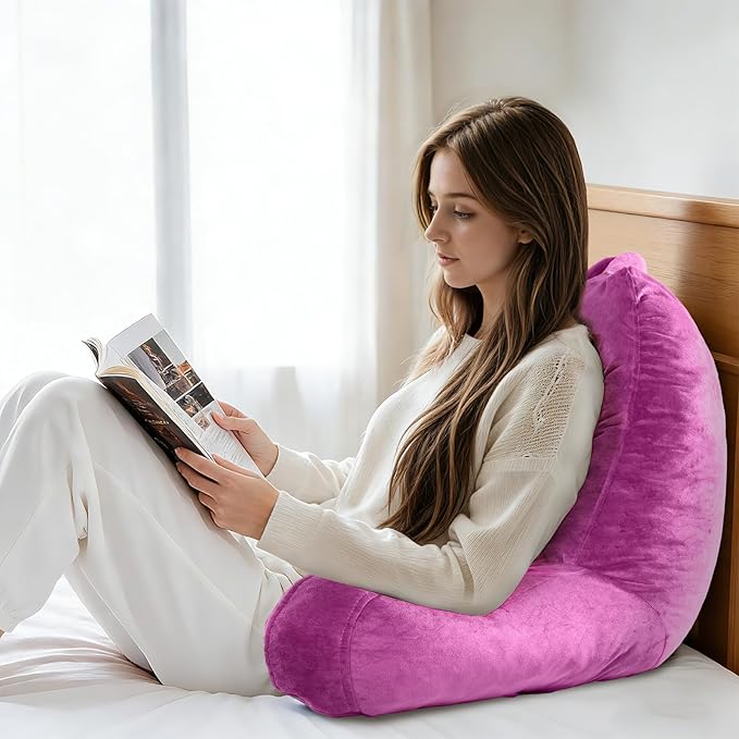 Reading Pillow for Sitting in Bed Adult, X-Large Reading Pillow with Shredded Memory Foam, Back Pillow for Sitting Up with Extend Arms, Pockets, Bed Pillow with Washable Cover, Rose Red