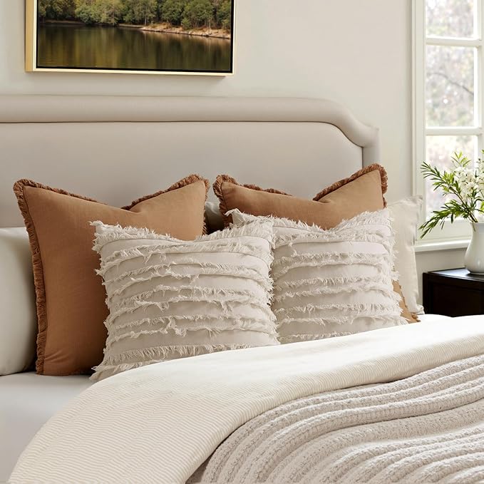 MIULEE Decorative Boho Throw Pillow Covers Set of 2 Spring Neutral Beige Linen Striped Jacquard Pattern Modern Cushion Covers for Sofa Couch Living Room Bedroom 20x20 Inch Home Decor