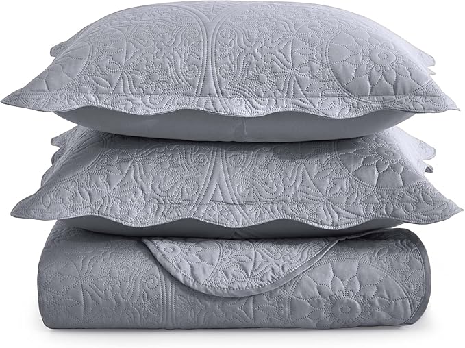 MOONLIGHT20015 Twin Quilt Bedding Set Size (66" x 86 ") + 1 Pillow Shams (20" x 26" + 2") - 2 Pcs All Season Lightweight Reversible Microfiber Coverlet Floral Embossed Quilt Bedspread (Silver)