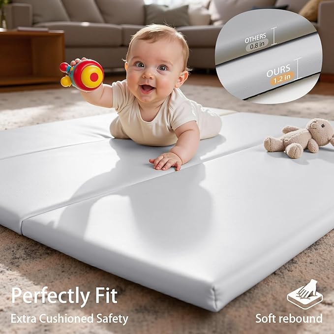 Foam Baby Play Mat: PU Leather Waterproof Kids Playmat - Trifold Floor Mat - Large Play Mat for Playpen Thick Pad Fodable Mattress Soft Toddler Mattress Infant Cushion for Preschool (Grey)