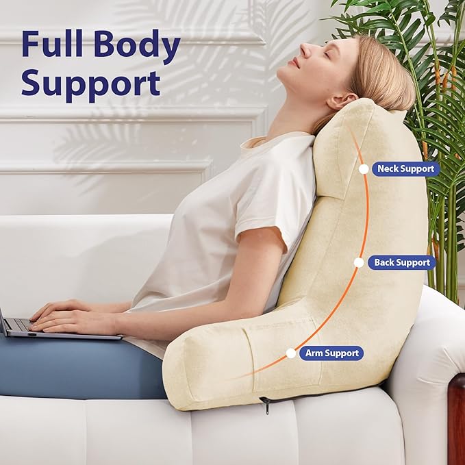 Back Pillow for Bed Sitting up, Reading Pillow for Sitting in Bed Adult, Back Support Pillow, Memory Foam Sit up Lounge Backrest Pillow with Arms for TV, Couch, Chair, Dorm, 24 Inch, Beige