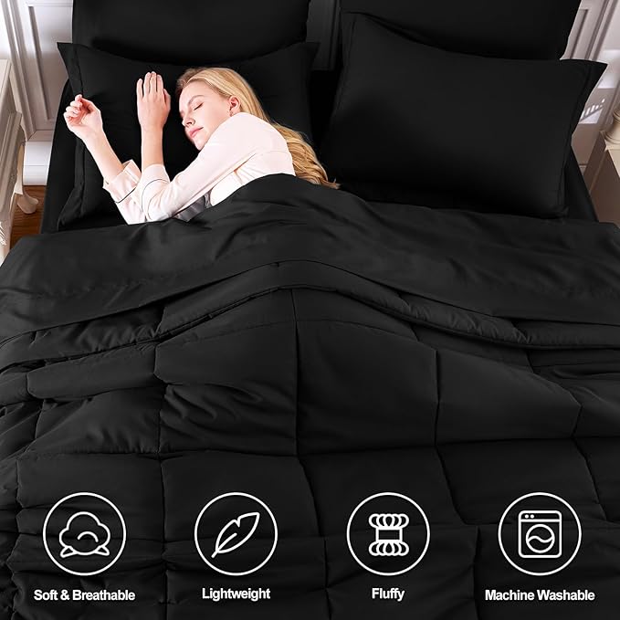 CozyLux California King Comforter Set Black - 7 Pieces California King Bed in a Bag Set, All Season Soft Bedding Sets with Comforter, Flat Sheet, Fitted Sheet, Pillowcases & Pillow Shams