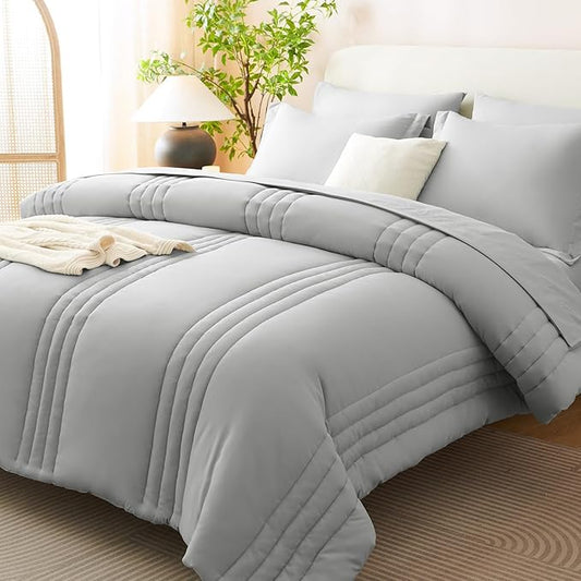 CozyLux Full Comforter Set - 7 Pieces Bed in a Bag Light Grey Comforter Set with Sheets Luxury Bed Set All Seasons, Soft Bedding Set with Down Alternative Comforter, Sheets, Pillowcases & Shams