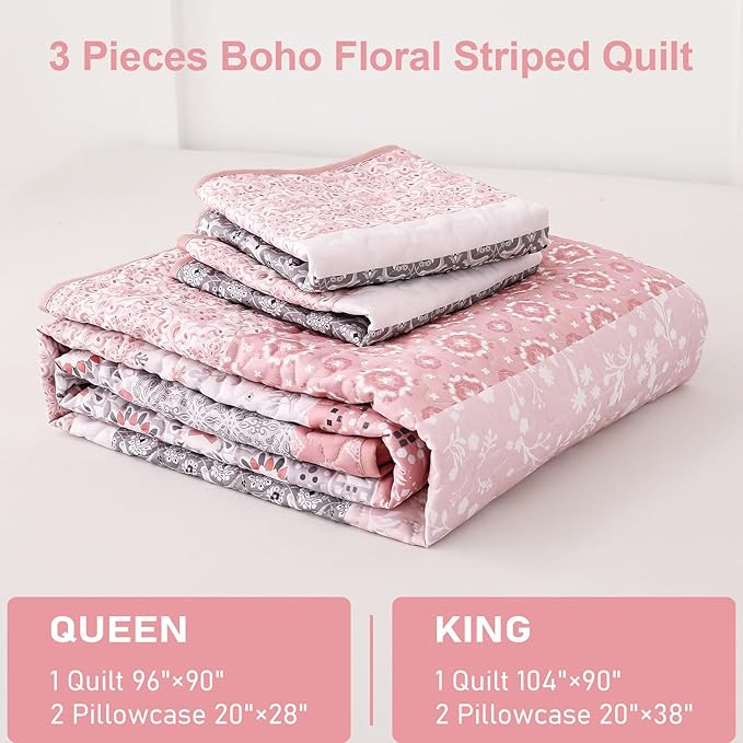 WONGS BEDDING Boho Quilt Set King, Bohemian Pink Striped Patchwork Bedspread Coverlet Set with 2 Pillowcases,Lightweight Microfiber Floral Bedding Set 104"×90"