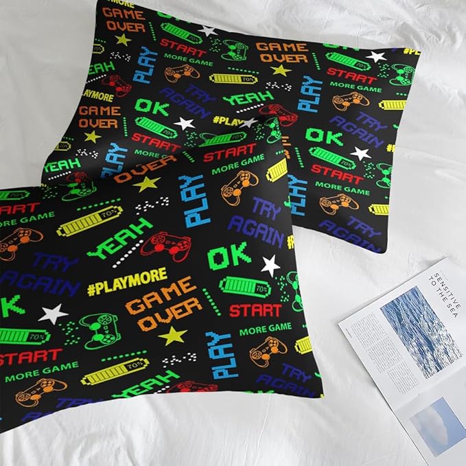 Comforter Set Queen Size, Retro Computer Gamepad 7 Pcs Bedding for Kids and Adults, Cartoon Video Game Bed Sheet Sets with Fitted Sheet 2 Pillowcases & 2 Shams for Bedroom Bed Decor