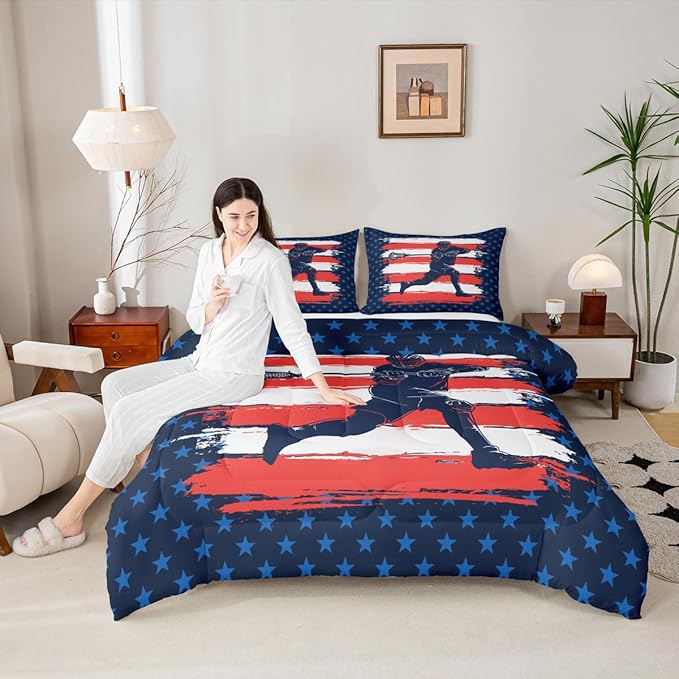 Feelyou Lacrosse Comforter Set King Size Boys Gilrs American Flag Sports Bedding Set for Kids Adults Soft Lacrosse Player Games Comforter Navy Blue Duvet Set Room Decor Quilt Boys