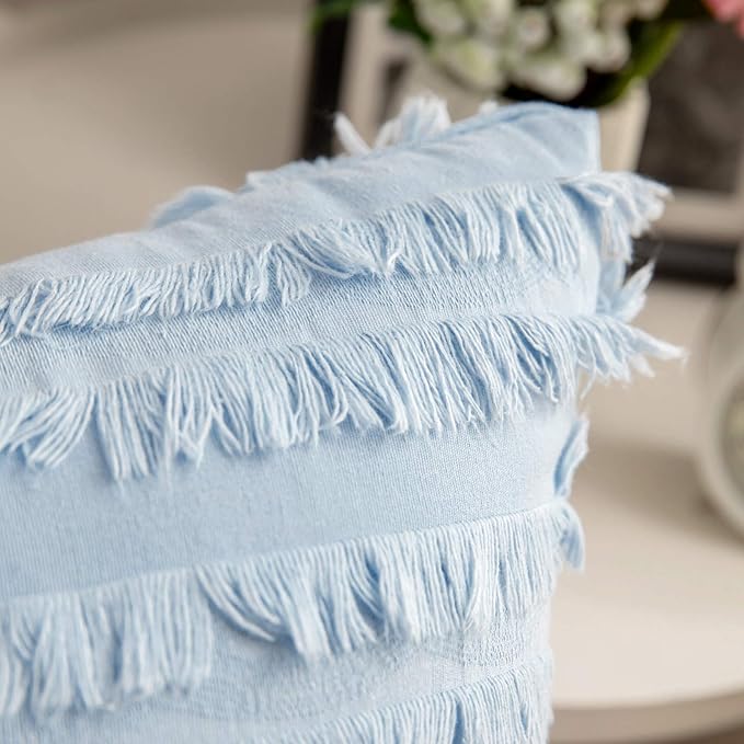 MIULEE Set of 2 Decorative Boho Throw Pillow Covers Linen Striped Jacquard Pattern Summer Cushion Covers for Sofa Couch Living Room Bedroom 12x20 Inch Light Blue