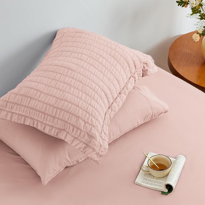 Love's cabin Seersucker Pink King Size Comforter Set, 7-Piece All Season Lightweight Bed in a Bag Bedding Set with Comforter, Flat Sheet, Fitted Sheet, Pillowcases and Shams | Soft, Breathable, Lightweight