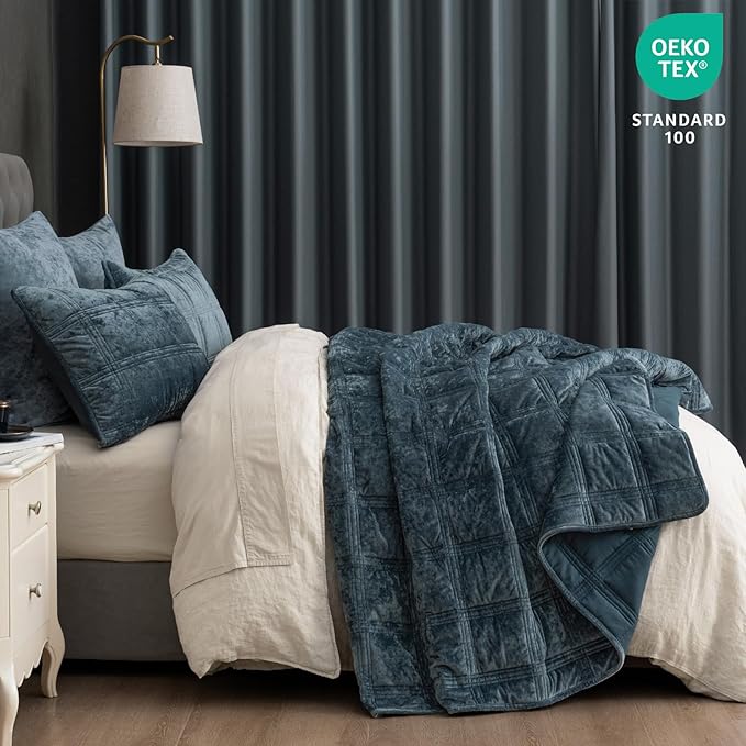 PHF Ultra Soft Velvet Quilt Set King Size – 3PCS Luxurious Cozy Quilted Comforter Alternative with Diamond Pattern, Warm Quilted Bedspread Coverlet, 108" x 92", Stormy Blue