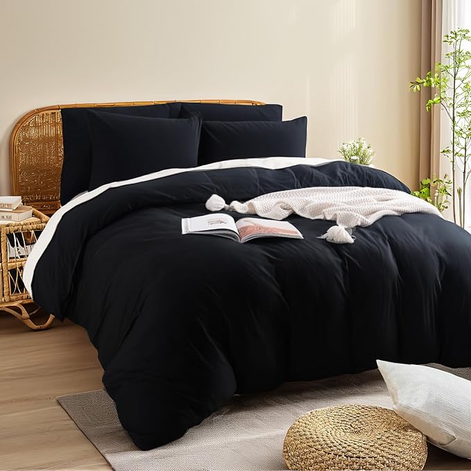 NEXHOME PRO King Duvet Cover Set – 100% Certified Organic Cotton with Washed Feel & Linen-Like Texture, Comfortable & Breathable, Home Bedding Set Black (No Comforter)