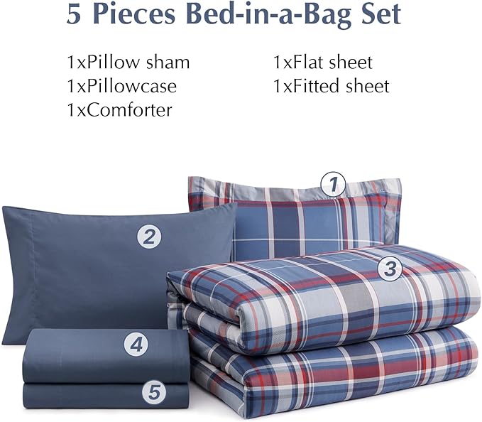 Plaid Twin XL Comforter Set Navy Red, Bedding Set 5 Pieces for Boys Girls Teen, Lightweight Bed in a Bag for Dorm with Sheets, Pillowcase & Sham