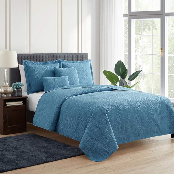 Hearth & Harbor Quilts Queen Size - All Season Bedspread Coverlet Set, Pinsonic Weave Lightweight Bedding Set - 5 Piece Queen Quilt Set with Pillow Shams, Grid - Blue Heaven