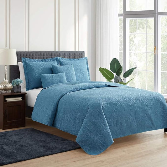 Hearth & Harbor Quilts Queen Size - All Season Bedspread Coverlet Set, Pinsonic Weave Lightweight Bedding Set - 5 Piece Queen Quilt Set with Pillow Shams, Grid - Blue Heaven