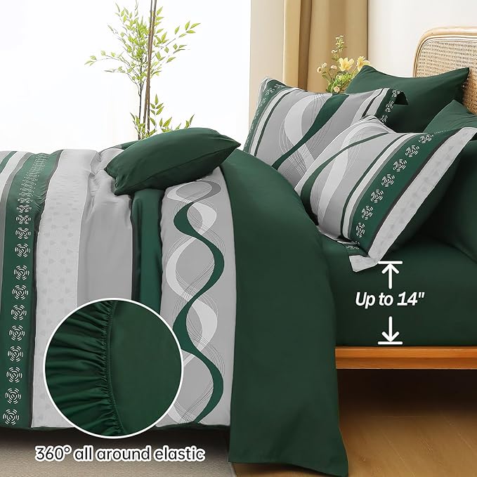 Anibedding Dark Green Comforter Set King Size,8 Pieces Bed in a Bag Patchwork Striped Bedding Sets,Boho Soft Microfiber Bedding Set for All Season(104"×90")
