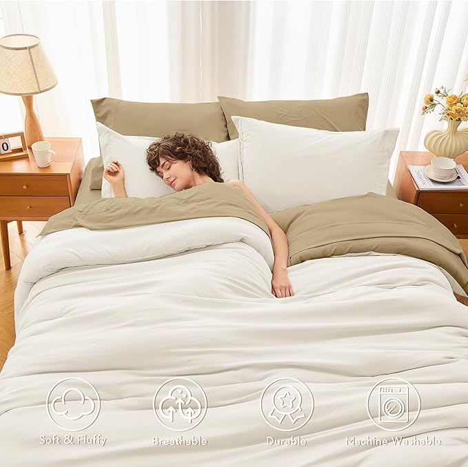 MUXHOMO 7 Pieces King Comforter Set, Soft Bed in a Bag King Size, All Season Bedding Set with Comforter, Flat Sheet, Fitted Sheet, Pillowcases & Shams, Ivory & Khaki