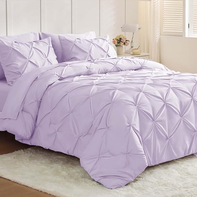 JOLLYVOGUE California King Comforter Set 7 Pieces - Bed in a Bag Cal King for All Season, Pintuck Bedding Comforter Sets with Comforter, Flat Sheet, Fitted Sheet and Pillowcases & Shams, Light Purple