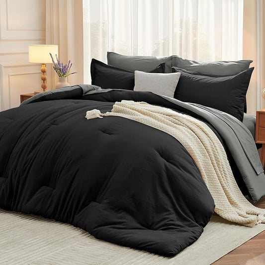 MUXHOMO 7 Pieces Queen Comforter Set, Soft Bed in a Bag Queen Size, All Season Bedding Set with Comforter, Flat Sheet, Fitted Sheet, Pillowcases & Shams, Black & Grey