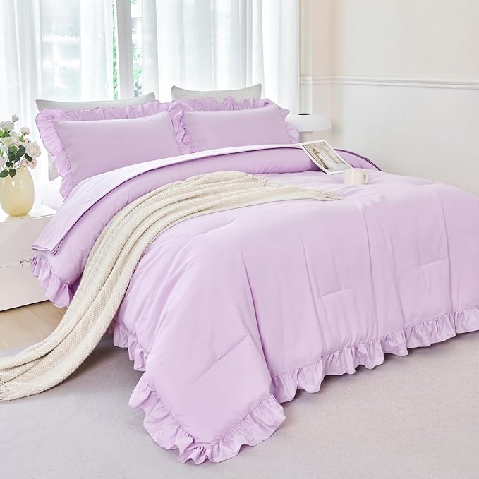 ANGIYUIN 5Pcs Purple Girls Comforter Set Full Size Ruffle Bedding Sets Lavender Farmhouse Kids Bed Sets Soft Lightweight Bed in A Bag with Sheet Sets(Purple Full)