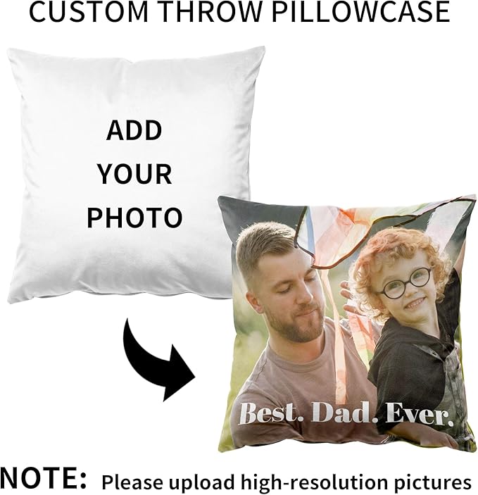 Easycosy Custom Pillow with Picture & Text, Two-Sides Velvet Customized Photo Pillowcase, 12"x12" Personalized Pillowcover with Photo, Custom Decor Love Gifts for Dad(Optional Pillow Insert)