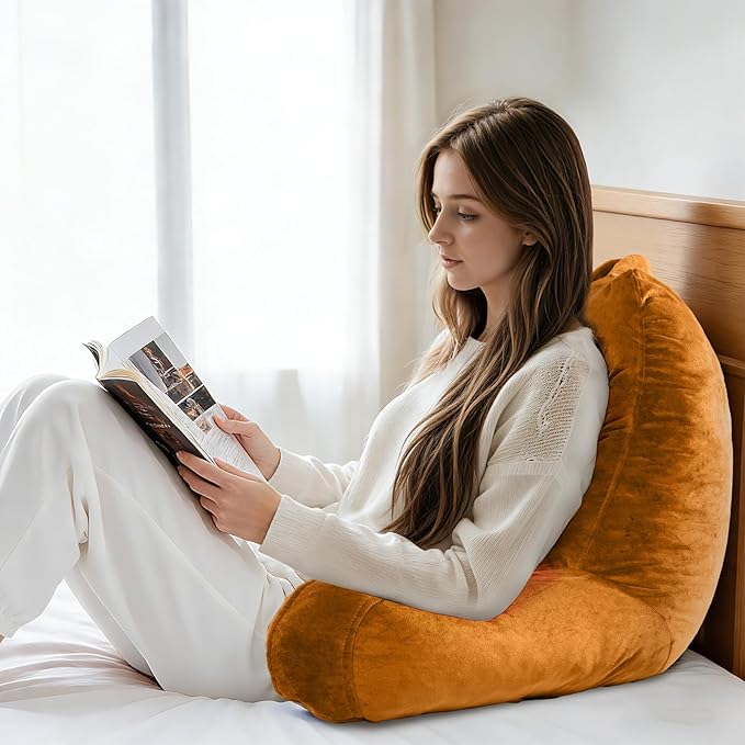 Reading Pillow for Sitting in Bed Adult, X-Large Reading Pillow with Shredded Memory Foam, Back Pillow for Sitting Up with Extend Arms, Pockets, Bed Pillow with Washable Cover, Orange