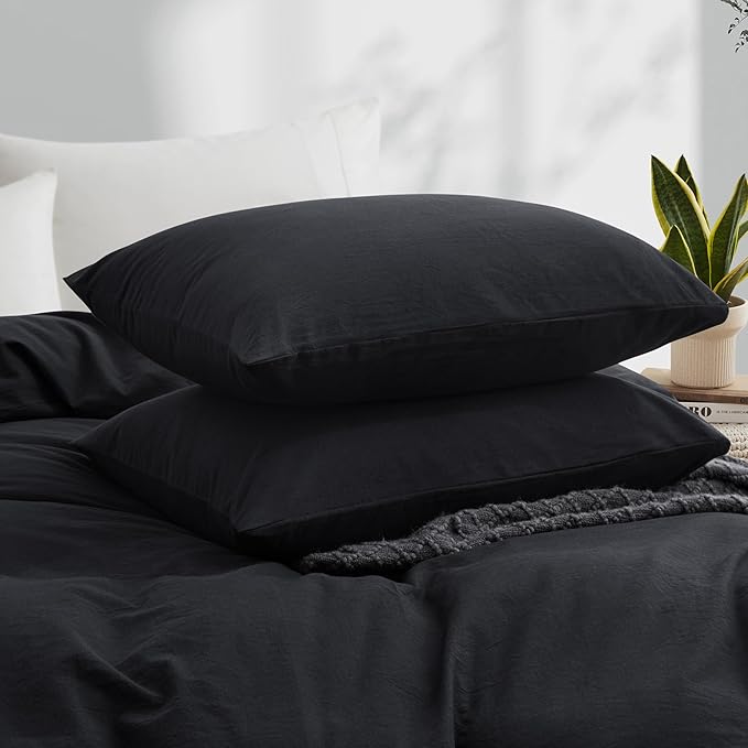 LOVQUE Bedding Duvet Cover Queen Size, 100% Washed Cotton Linen Like Natural Bedding Set with Zipper Closure (No Comforter), 90x90, Black