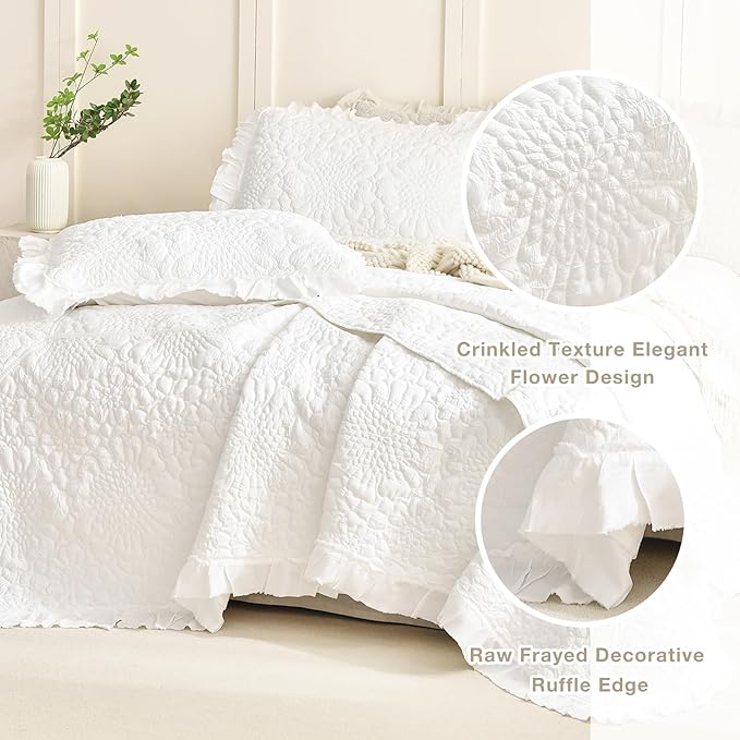 Masaca White Ruffled Oversized King Bedspread 128"x120",Stone-Washed Microfiber Shabby Farmhouse King Quilt Bedding Set Oversized,3Pcs Lightweight Crinkled Extra Large Boho Bedspread & Coverlet Sets