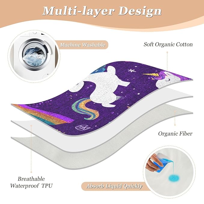 Waterproof Bed Pad Reusable Changing Pad Toddler Mattress Protector Large Pee Pad Baby Diaper Pad Soft Washable Liner Purple Unicorn Rainbow Cloud Moon