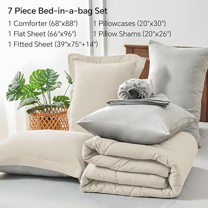 BEDELITE Twin Comforter Set 5 Pieces Bed in A Bag - Soft Microfiber Reversible Beige Bed Set with Comforters, Sheets, Pillowcase & Sham, Cozy Luxury Bedding Sets for All Season