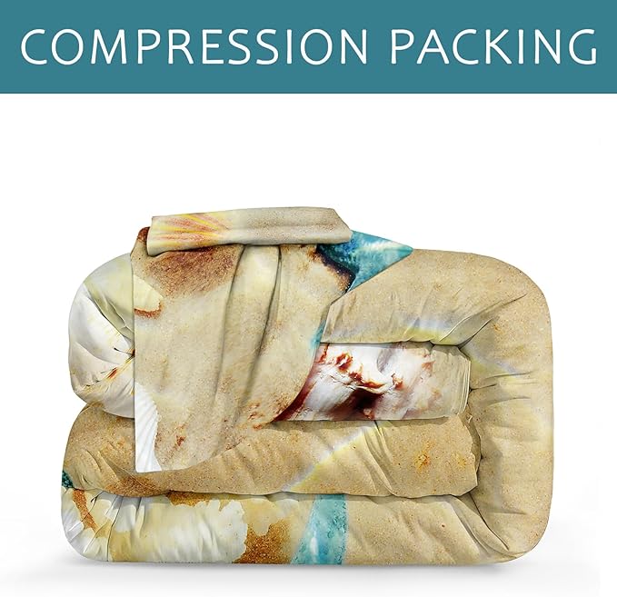 Bedbay Beach Comforter Twin Size Bed Coastal Bedding Set 3 Pieces Soft Microfiber Fluffy Comforter Set Sea Life Starfish Beach Style Comforter Set for All Seasons(Coastal,Twin)