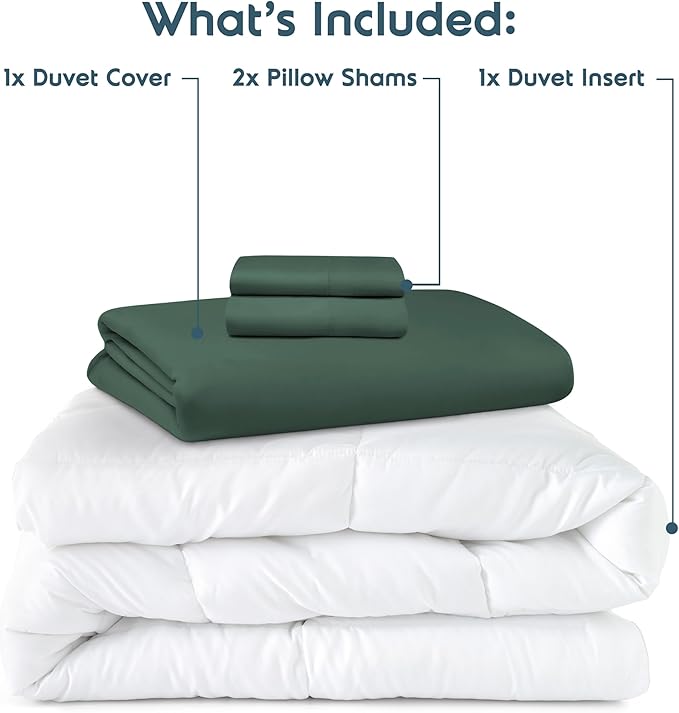 Nestl California King Duvet Cover Set with Comforter Insert - Forest Green 4 Piece 104x98 Duvet Cover & 2 Pillow Shams with White Quilted Down Alternative Comforter, Ultra Soft, All Season