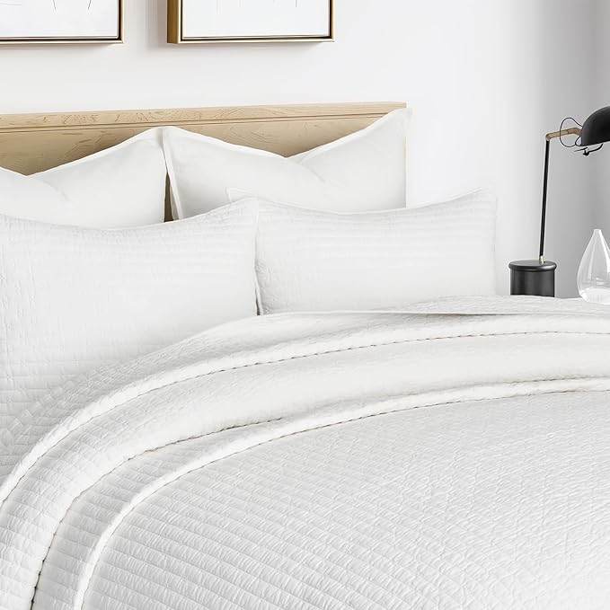 EVERGRACEHOME Cross Stitch Pre-Washed Cotton Quilt Bedding Set Queen Size, Oversized 3 Pieces Lightweight Bedspread Coverlet for All Season, with 2 Matching Shams, Bright White, 92"x96"