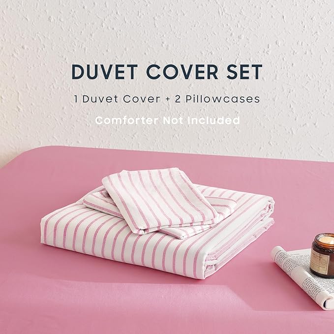 Wake In Cloud - Striped Cotton Duvet Cover Set, Ticking Stripe Vertical Pinstripe Farmhouse, 100% Washed Cotton Textured Percale Bedding Set, 3 Pieces, Pink White, Queen Size