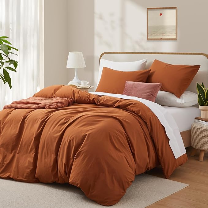 LOVQUE Burnt Orange Cotton Duvet Cover Twin Size, Linen Like Natural Bedding Set with Zipper Closure (No Comforter), 68x90 Inches